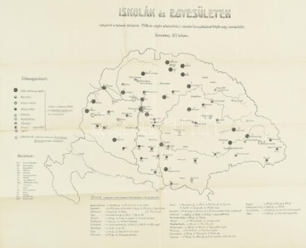 1908 Iskolák és egyesületek, melyeknél a katonai kiképzés a honvédelmi miniszter támogatásával folyik, térkép, szakadással, 40×50 cm