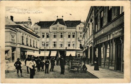 1914 Sanok, Ul. Kosciuszki, Michal Stefanski, B. Liebermann / street view, shops (surface damage) + 'K.u.k. Marschbataillon II/31.'