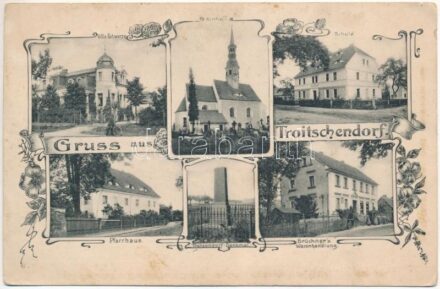 Trójca, Troitschendorf; Villa Schwarze, Kirche, Schule, Pfarrhaus, Trotzendorf Denkmal, Brückner's Warendhandlung / villa, church, school, parish, statue, shop. Art Nouveau, floral (EK)