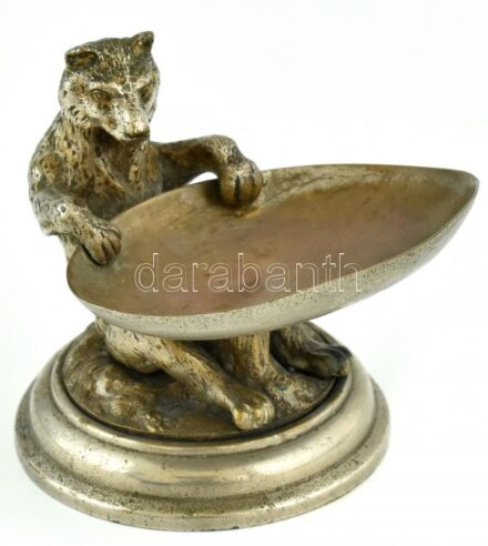 Figurális fém névjegytartó medvével, sérült, kopásnyomokkal, 10x10x9,5 cm