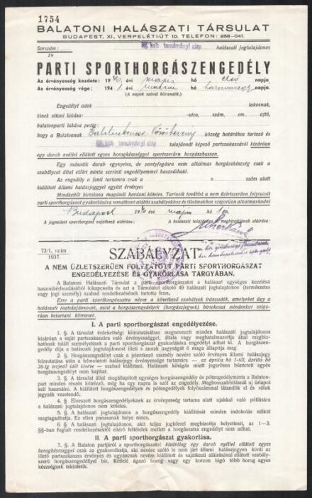 1940 Bp., Balatoni Halászati Társulat parti sporthorgászengedély