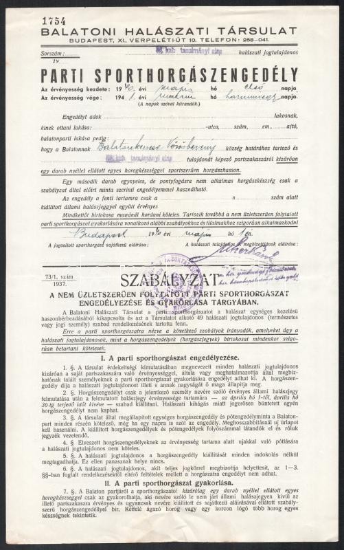 1940 Bp., Balatoni Halászati Társulat parti sporthorgászengedély