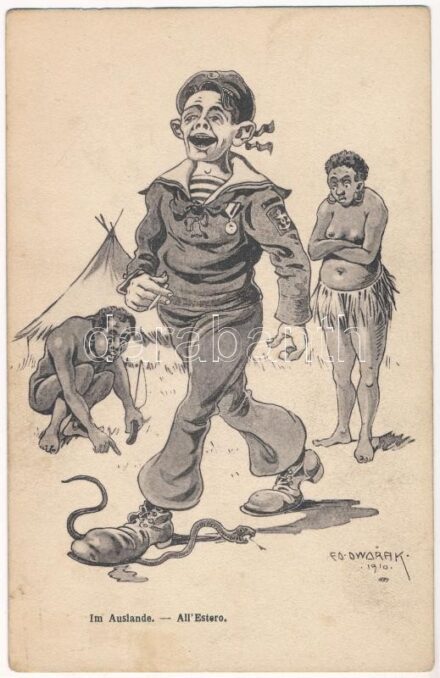 Im Auslande / All' Estero / K.u.K. Kriegsmarine Matrose. Africa, Austro-Hungarian Navy mariner humour art postcard. G. Fano 2104. 1910-11. s: Ed. Dworak