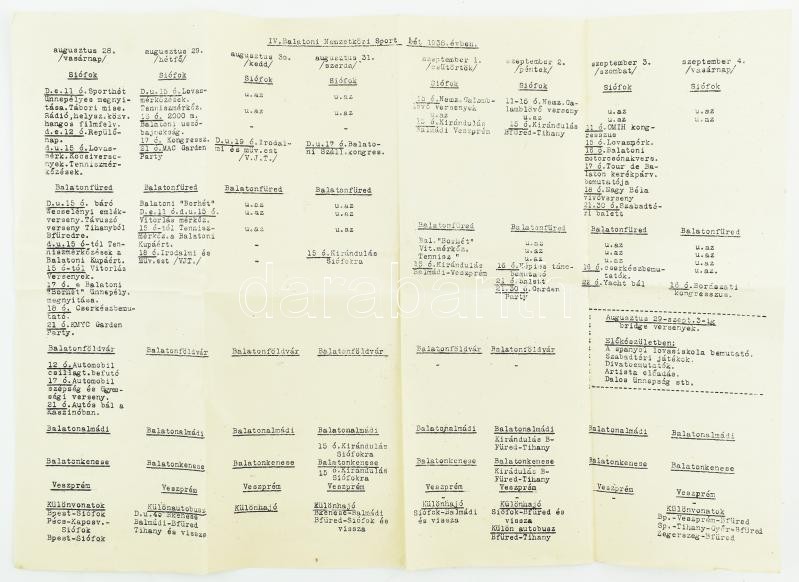 1938 IV. Balatoni Nemzetközi Sport Hét programtáblázat