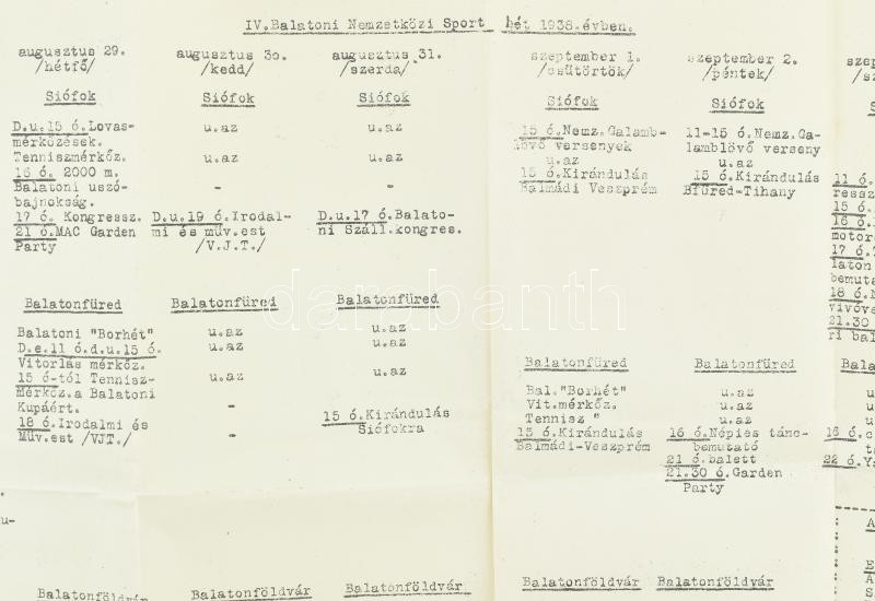 1938 IV. Balatoni Nemzetközi Sport Hét programtáblázat - Image 2