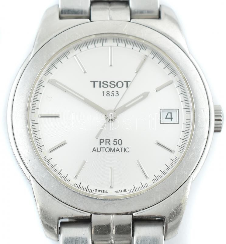 Tissot PR50 férfi karóra, automata szerkezettel, analóg kijelzős, dátumfunkciós, fémszíjjal, működik, kopott, karcos, d:37 mm