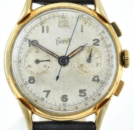 Bovet férfi karóra, mechanikus szerkezettel, analóg kijelzős, dátumfunkciós, flyback kronográf funkcióval, bőrszíjjal, működik, kopott, karcos, sérült számlap d:37 mm