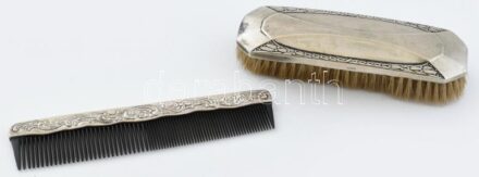 WMF antik alpakka kefe, jelzett, 1900 körül. Kisebb kopásnyomokkal, 16x5 cm + Fésű szecessziós stílusú díszítéssel, jelzés nélkül, fém és műanyag, h: 18 cm