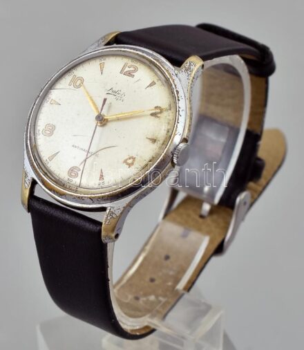 Dubois férfi karóra, mechanikus szerkezettel, analóg kijelzős, bőrszíjjal, működik, kopott, sérült óraüveg d:37 mm