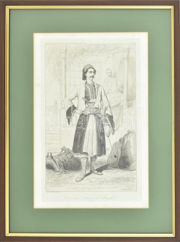 cca 1855 Théodore Valerio (1819-1879): Courrier Arabe de Bagdad, in: Les populations des provinces Danubiennes, en 1854.', Pl. VIII., rézkarc, papír, jelzett a nyomaton, üvegezett fa keretben, paszpartuban, kissé foltos, 28x18 cm, teljes: