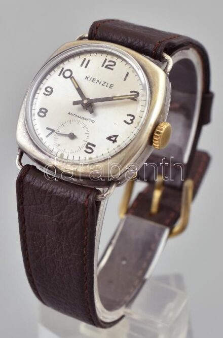 Ezüst (Ag) Kienzle férfi karóra, mechanikus szerkezettel, analóg kijelzős, bőrszíjjal, működik, kopott, d:32 mm, jelzett, br:28g