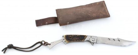 Li Xing összecsukható vadászkés, szaru nyéllel, bőr akasztóval és tokkal, h: 27 cm