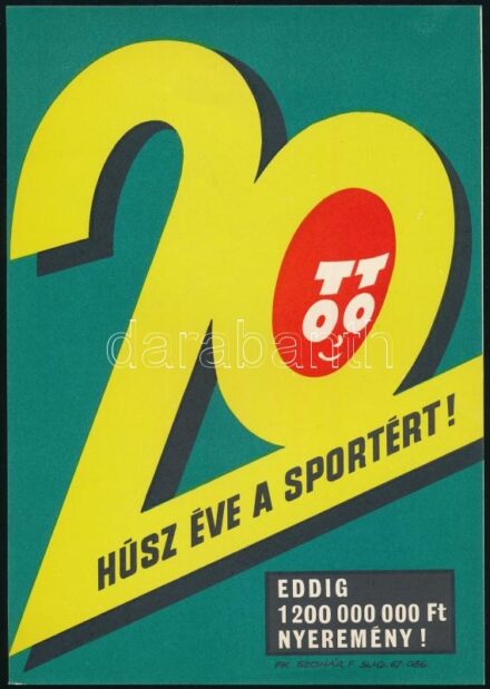 1967 '20 éve a sportért!' TOTÓ villamosplakát, 24×17 cm