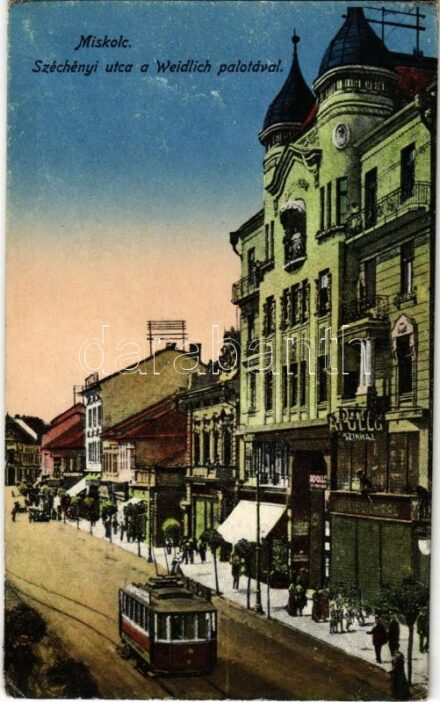 Miskolc, Széchenyi utca, Weidlich palota, Apollo színház, villamos. Grünwald Ignác kiadása (ragasztónyom / glue marks)