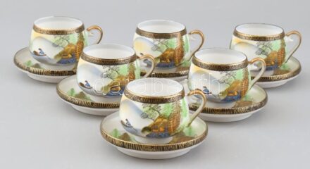 6 db japán, vintage, lithophane gésa fejes mokkás csésze, tojáshéj porcelán, kézzel festett, aranyozott, jelzett, apró kopásnyomokkal, alj d:10cm, csésze m:5cm
