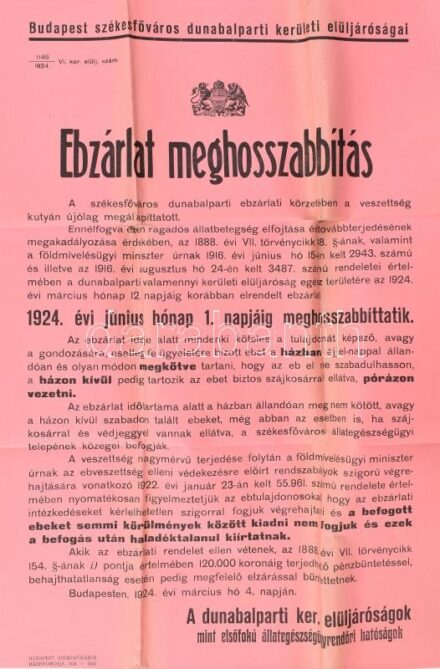 1924 Ebzárlat hirdetménye 46x30 cm kis sérüléssel