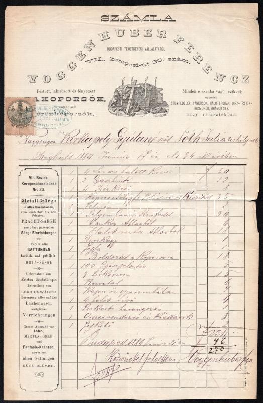 1880 Vogenhuber Ferenc koporsók fejléces számla