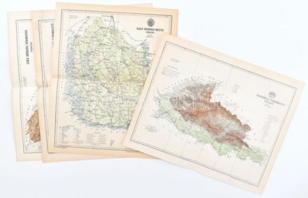 cca 1896 Vegyes dél-vidéki vármegyéket ábrázoló térkép tétel, 4 db: Bács-Bodrog (szakadt), Pozsega, Modrus-Fiume (sérült), Lika-Krbava, Szerk.: Gönczy Pál, Bp., Pallas, változó állapotban, 23x30 cm és 23x29 cm közötti méretben