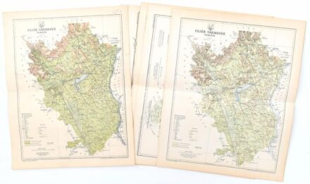 cca 1896 Vegyes vármegyéket ábrázoló térkép tétel, 13 db, Komárom, Moson, Tolna, Jász-Nagykun-Szolnok, Hajdú, Somogy, Győr, Esztergom, Baranya, Fejér (x2), Szabolcs, Borsod, Szerk.: Gönczy Pál, Bp., Pallas, változó állapotban,