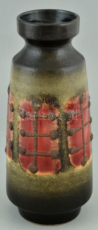 Retró német flat lava váza, színes mázakkal festett kerámia, jelzett, hibátlan m:28cm