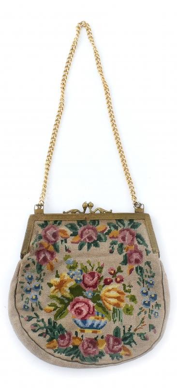 Gobelines színházi táska, sérülésekkel, foltokkal, 20x20cm