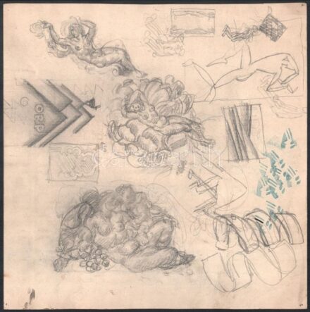 Muhits Sándor (1882-1956): Akt és más tanulmányrajzok. Ceruza, papír, jelzés nélkül, kissé sérült, 28,5×28,5 cm