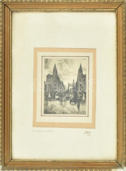 Sík jelzéssel: Ostrom után (Ferenciek tere, Bp.). Rézkarc, papír, jelzett. Üvegezett, sérült fa keretben, 18×13,5 cm