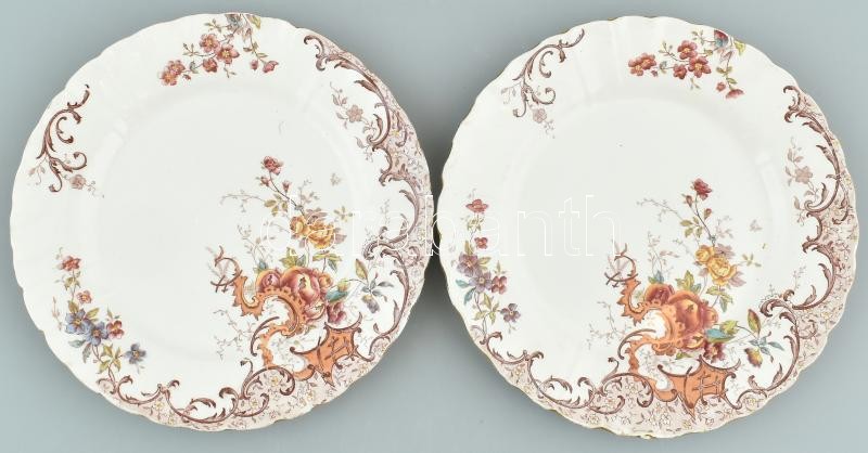 Sarreguemines Fleury, francia, fajansz, süteményes tányér 2db. 1930 körül. Kézzel festett, jelzett, kis kopásokkal. d: 18,5 cm