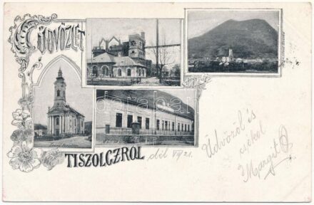 1899 (Vorläufer) Tiszolc, Tisovec; M. kir. vasgyár, látkép, Evangélikus templom, M. kir. állami népiskola. Kohn Albert kiadása / ironworks, iron factory, general view, Lutheran church, school. Art Nouveau, floral