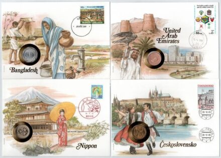 Vegyes 8db érmés boríték tétel, a borítékok népviselet motívummal, mind német nyelvű leírással, benne Csehszlovákia, Egyesült Arab Emirátusok, Japán, Bangladesh, Tunézia, Thaiföld, Bulgária, Afganisztán T:1 Mixed 8pcs of coin