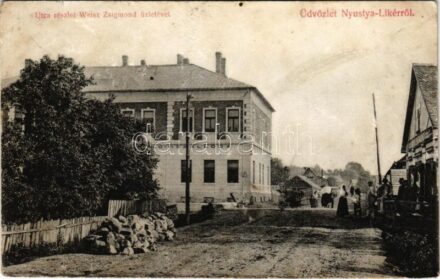Nyustya-Likér, Hnústa-Likier; utca részlet, vendéglő és szálloda, Weisz Zsigmond üzlete és saját kiadása / street view, publisher's shop, hotel, restaurant (r)