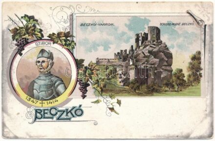 Beckó, Beckov; Várrom, Stiborici Stibor ispán / castle ruins, count. Art Nouveau, floral, litho (fl)