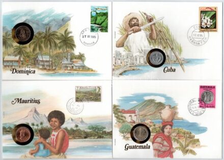Vegyes 8db érmés boríték tétel, a borítékok tengerpart motívummal, mind német nyelvű leírással, benne Guatemala, Kuba, Mauritius, Dominika, Bermuda, Brazília, Venezuela, Barbados T:1 Mixed 8pcs of coin envelope lot, the envelopes with