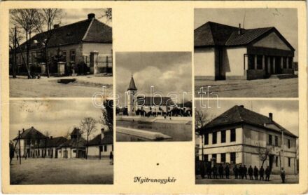 1940 Nyitranagykér, Nagykér, Velky Kyr; utca, templom, magyar katonák. Fogyasztási Szövetkezet kiadása / street view, church, Hungarian soldiers (EK)