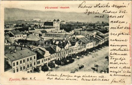 1902 Eperjes, Presov; Fő utca, piac, Eperjesi Népbank, Központi kávéház. Fénynyomat Divald műintézetéből / main street, market, bank, café (EK)