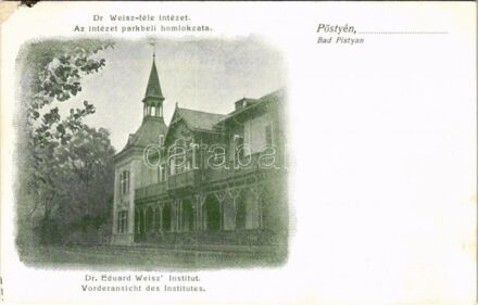 Pöstyén, Piestany; Dr. Weisz-féle intézet. Az intézet parkbéli homlokzata / Dr. Eduard Weisz' Institut. Vorderansicht des Institutes / spa, snaatorium (kopott sarok / worn corner)