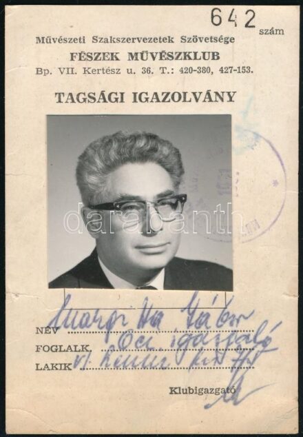 1967 FÉSZEK Művészklub arcképes tagsági igazolványa bélyegekkel, Margitta Gábor részére
