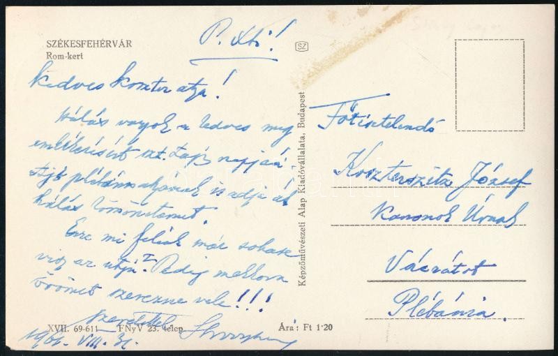 1961 Shvoy Lajos székesfehérvári püspök által írt képeslap