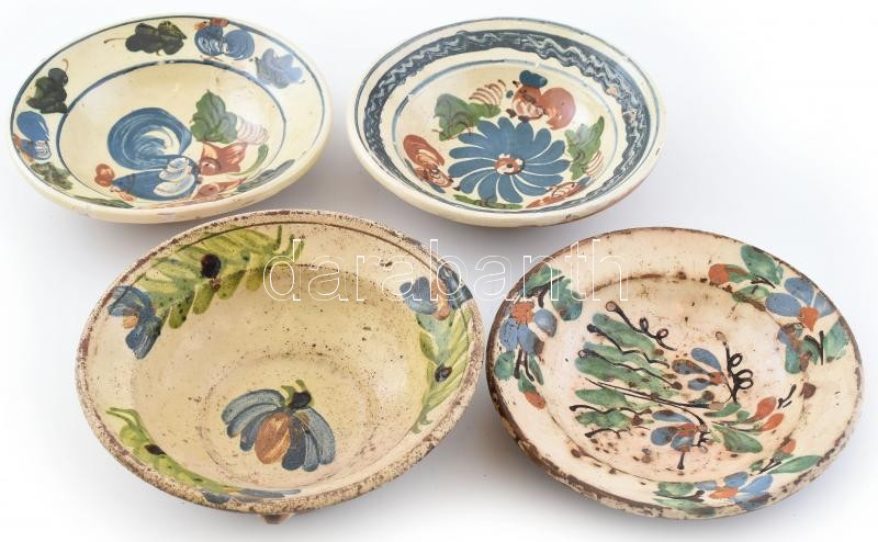 Régi erdélyi kerámia tál, 4 db, apró kopással, csorbával. d: cca. 20cm