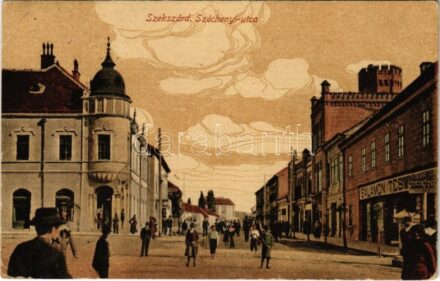 1917 Szekszárd, Széchenyi utca, Salamon testvérek üzlete, 'Balra hajts jobbról előzz' tábla