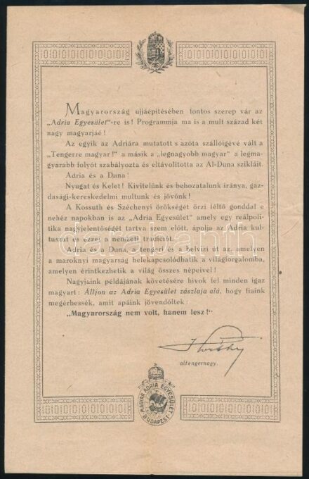 1920 Adria Egyesület ismertető csekkszevénnyel, kis szakadással