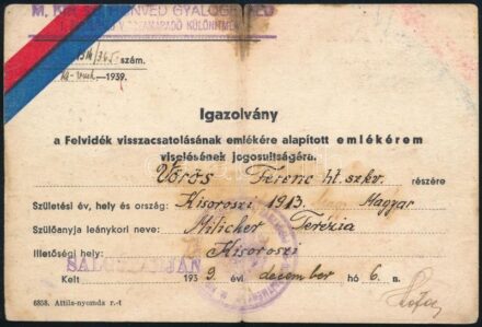 19329 Felvidék visszacsatolásának emlékére alapított emlékérem adományozó igazolványa, hajtott
