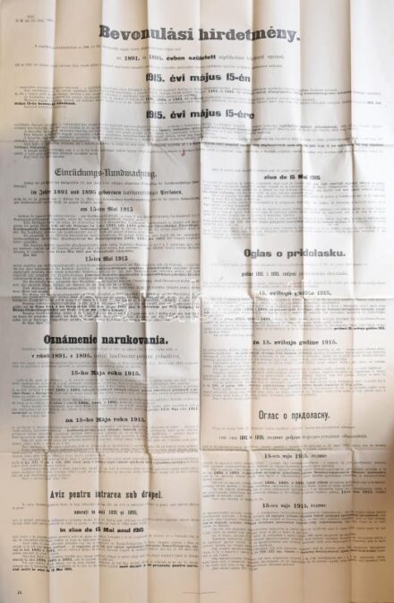1915 Bevonulási hirdetmény. Nagy méretű plakát 75x120 cm Hajtva
