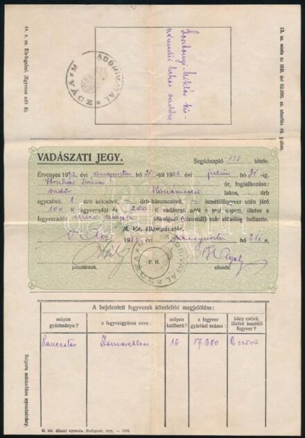 1921 Vadászati jegy vadőr számára