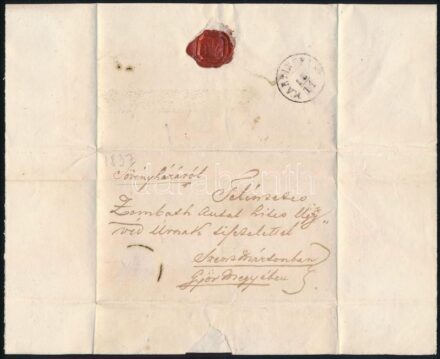 1837 Sövényháza (Ópusztaszer), Purgly Sámuel birtokos kézzel írt levele viaszpecséttel