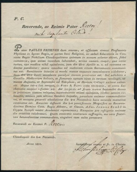 1831 Kolozsvári piarista líceum igazgatójának (Szabó Elek) levele, melyben Reiszner Pál tanár halálát tudatja