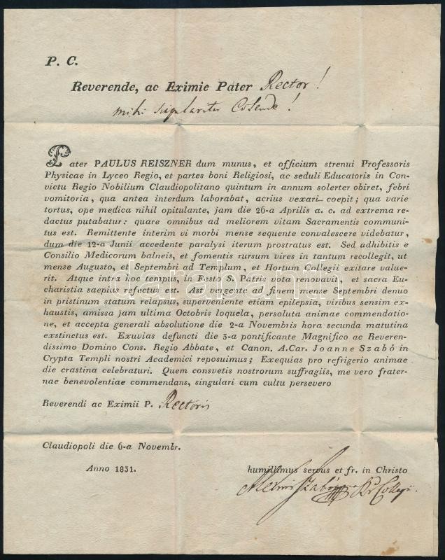 1831 Kolozsvári piarista líceum igazgatójának (Szabó Elek) levele, melyben Reiszner Pál tanár halálát tudatja