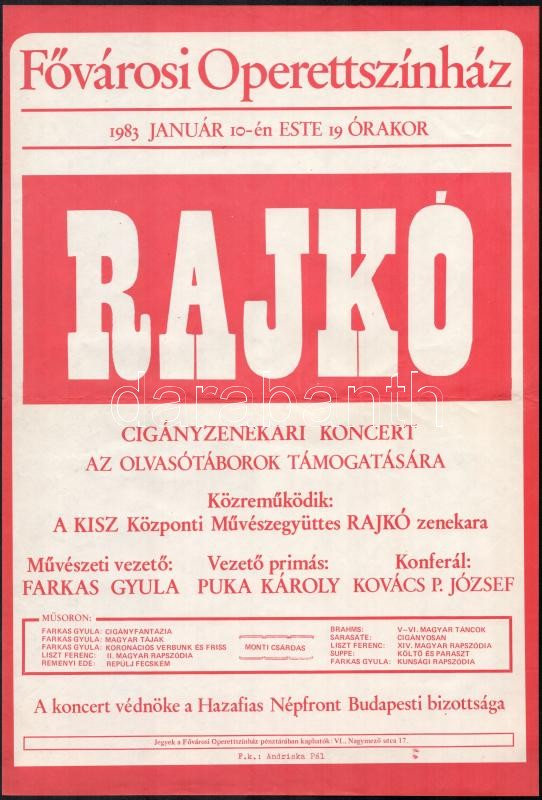 1983 Bp., Fővárosi Operettszínház, Rajkó cigányzenekar koncert plakát, 41,5x28 cm
