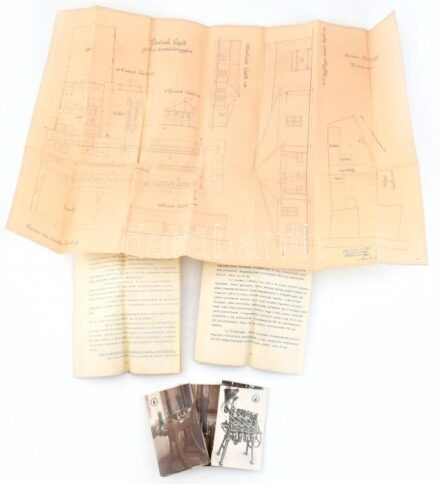 1926 Farmos, Pest megye Deutsch Lipót gomb és díszműgyára. A gyár tervrajza 80x52 cm + hozzá 17 db fénykép a gyárban használt gépekről, hozzá a gépek részletes leírása, plusz a munkarend külön nyomtatványként