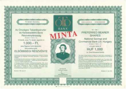 Budapest 1992. 'Országos Takarékpénztár és Kereskedelmi Bank Részvénytársaság' 'MINTA' részvénye 1000Ft-ról, szelvényekkel T:I